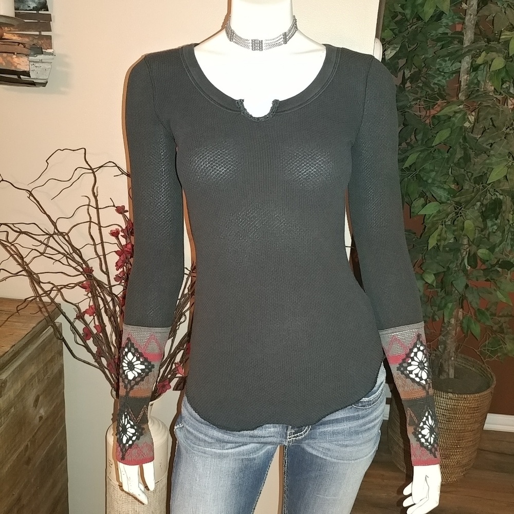 Free People Black Top with Red and Brown Accents